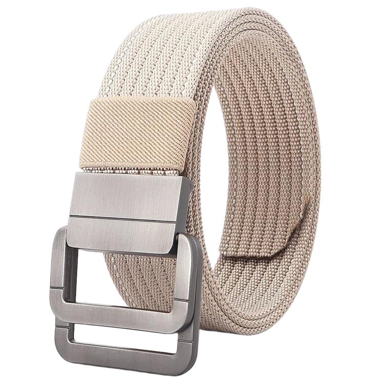 Nylon belt with automatic alloy buckle, light beige woven strap and silver buckle