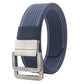 Striped nylon belt with silver automatic buckle, dark blue woven strap