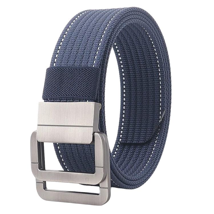 Striped nylon belt with silver automatic buckle, dark blue woven strap
