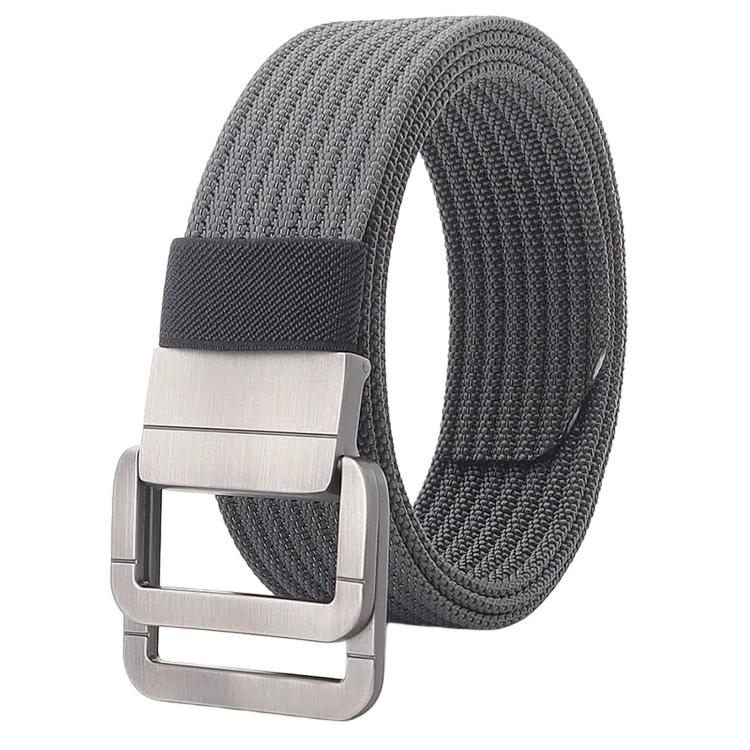 Nylon belt with silver automatic buckle and dark gray woven strap