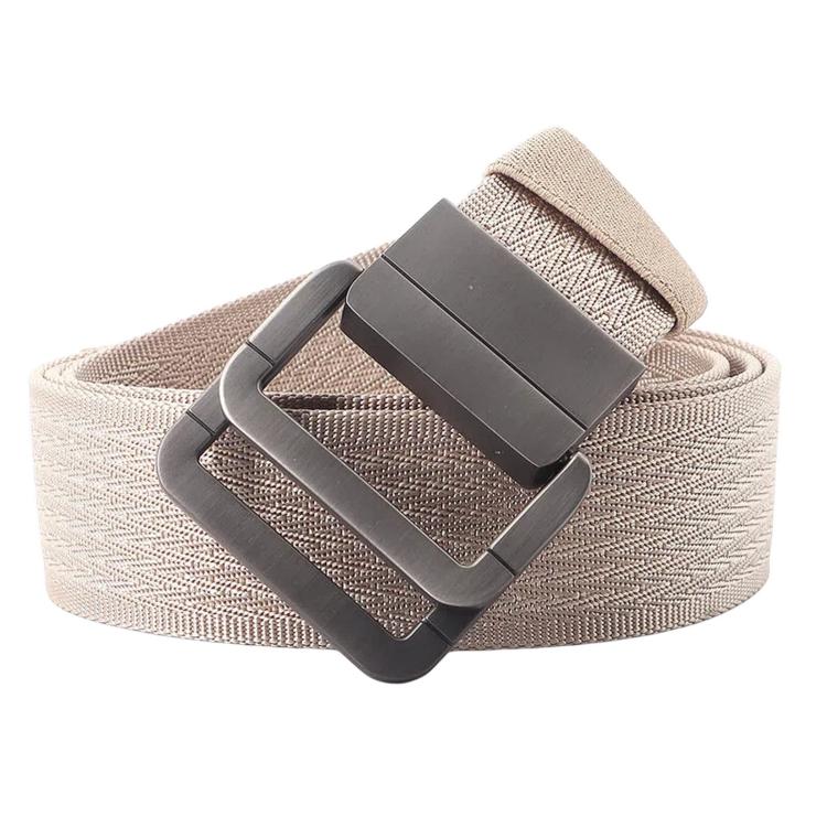 Nylon belt with dark gray rectangular buckle, light beige woven strap
