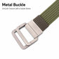 Green nylon belt with silver metal buckle and textured woven strap