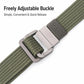 Green nylon belt with silver quick-release buckle detail on woven strap