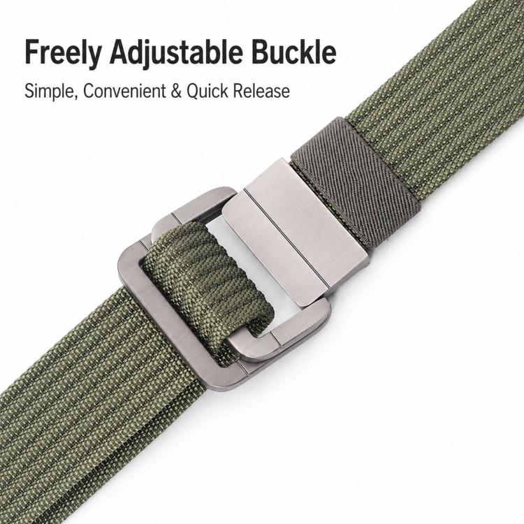 Green nylon belt with silver quick-release buckle detail on woven strap