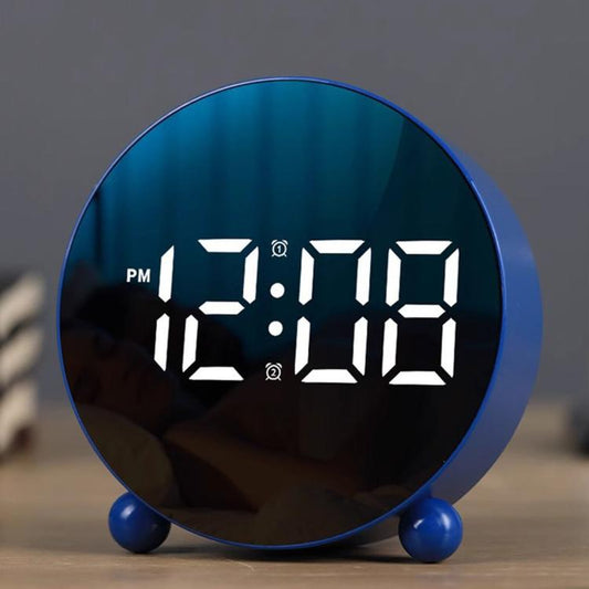 Circular LED alarm clock, black base with blue LED time digits on round display face