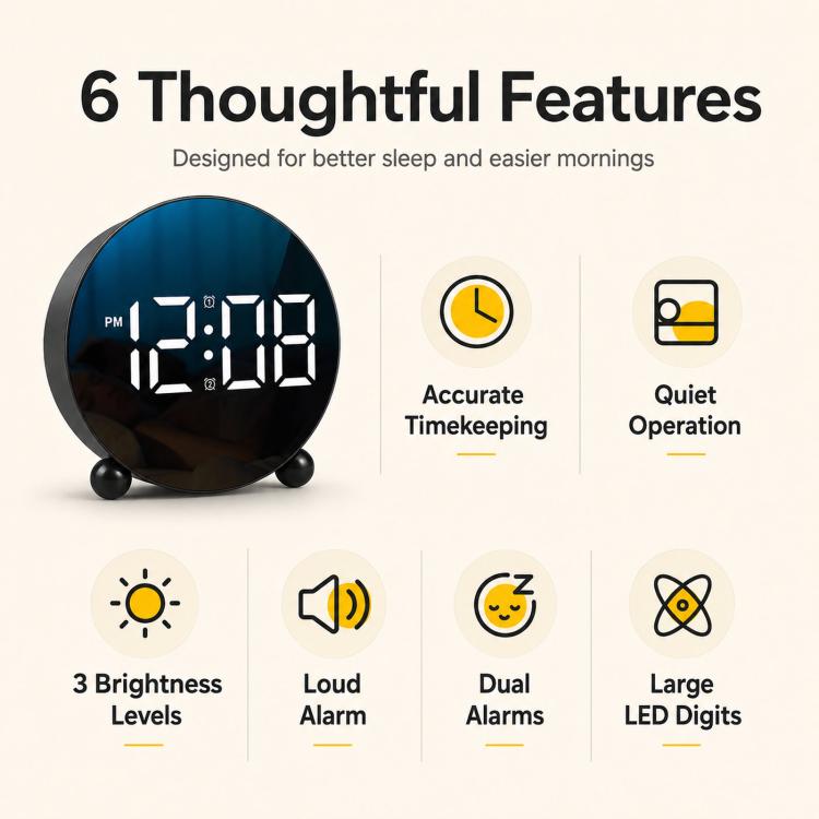 Circular LED Digital Alarm Clock Dimmable Bedside Desk Clock With Dual Alarms
