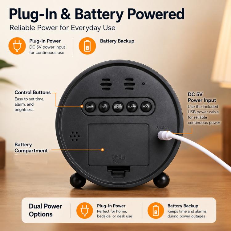 Circular LED Digital Alarm Clock Dimmable Bedside Desk Clock With Dual Alarms