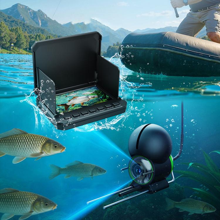 Portable waterproof fish finder with 4.3-inch screen and sonar probe in water