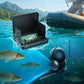 Open waterproof fish finder display with underwater camera probe and connecting cable