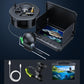 Waterproof fish finder screen with underwater probe, cable reel, and mounting accessories