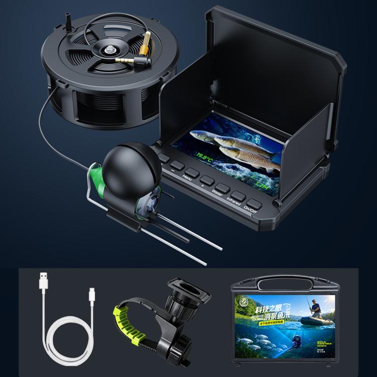 Waterproof fish finder screen with underwater probe, cable reel, and mounting accessories