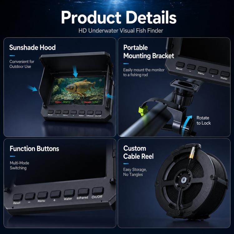 Waterproof underwater fish finder monitor with hood, buttons, mounting bracket and cable reel