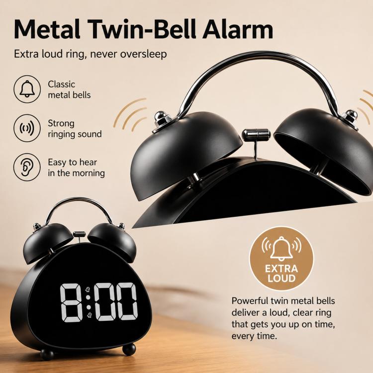 Retro Twin Bell Digital Alarm Clock Super Loud Mechanical Bell-Ringing LED Desk Clock With Backlight