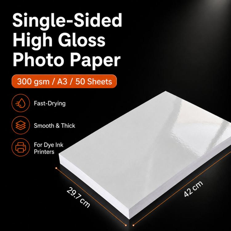 Single-sided glossy photo paper, white A3 stack with smooth reflective surface