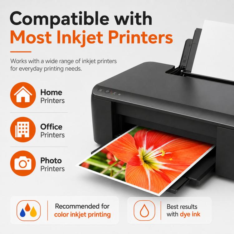 Glossy photo paper sheet feeding from an inkjet printer with flower print sample