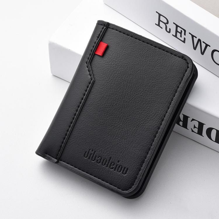 Men's vertical bi-fold billfold wallet in black with red accent and stitched edges