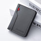Men's vertical bi-fold billfold wallet in grey with red accent and contrast stitching