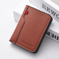 Men's vertical bi-fold billfold wallet in brown with red accent and edge stitching