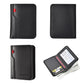 Men's black vertical bi-fold wallet set: front, back, and open with cards