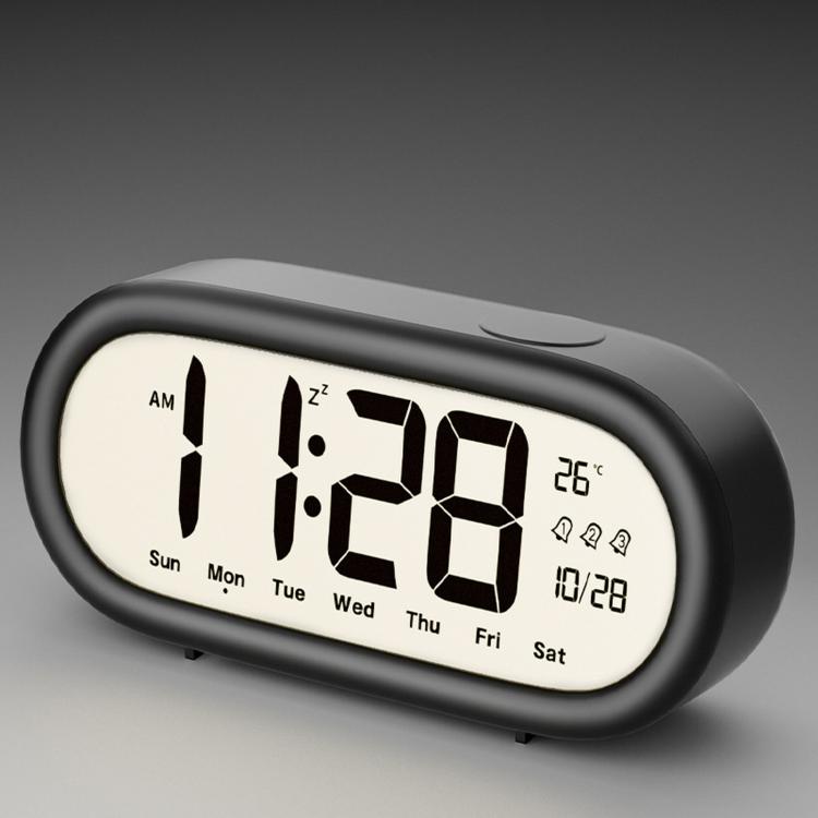 Black digital alarm clock with large time, date, and temperature display icons