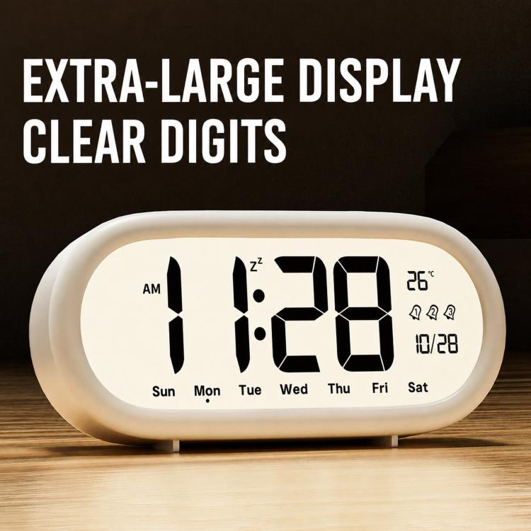 White digital alarm clock showing large time digits with date and temperature