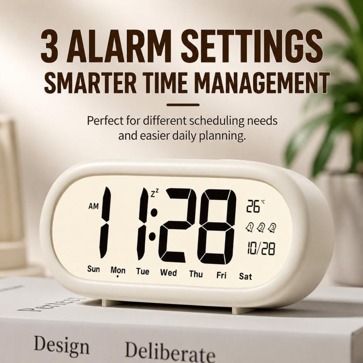 White digital alarm clock with large time display plus day-of-week and temperature