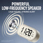 White digital alarm clock with speaker sound illustration and time, temperature display