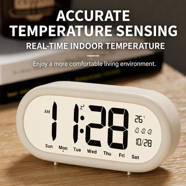 White digital alarm clock showing indoor temperature, large time digits, and date