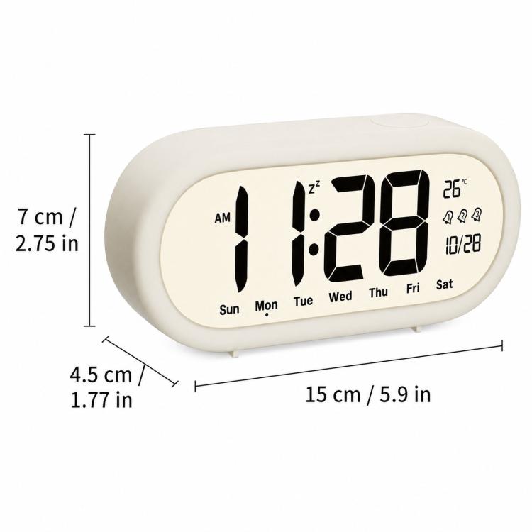 White digital alarm clock with large time display, date and temperature, AM/PM