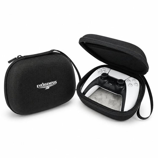 Hard-shell controller storage case in black fabric with zipper and wrist strap
