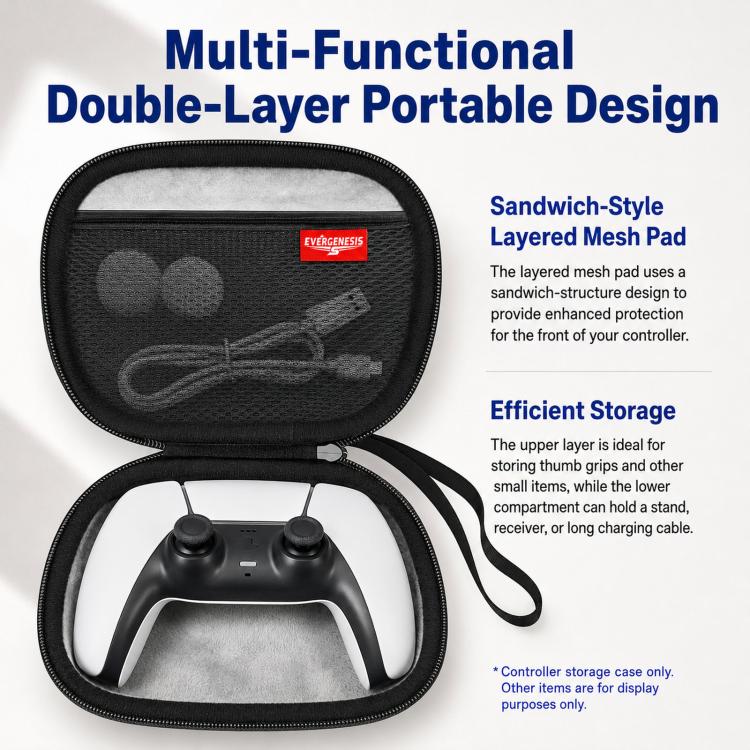 Open black controller storage case with double-layer mesh pad and wrist strap
