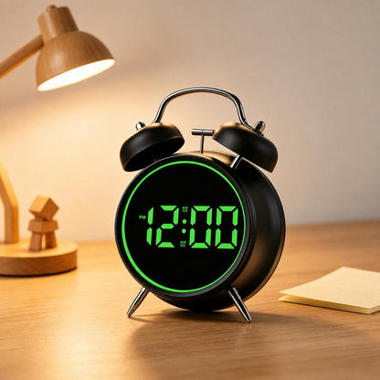 Black twin-bell digital alarm clock with green glowing ring and green LED time display