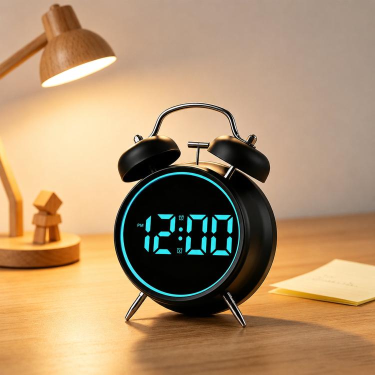 Black twin-bell digital alarm clock with blue glowing ring and blue LED time display