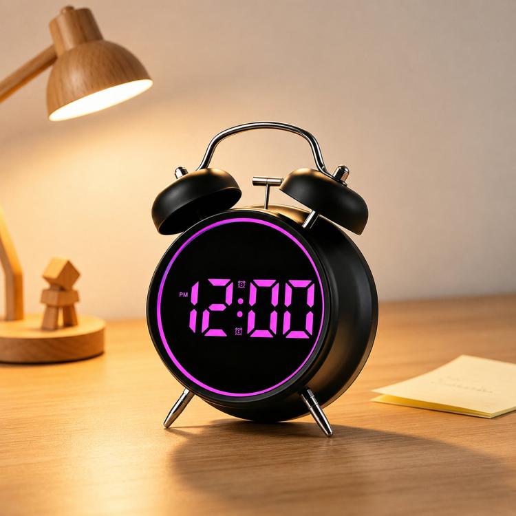 Black twin-bell digital alarm clock with purple glowing ring and purple LED time display