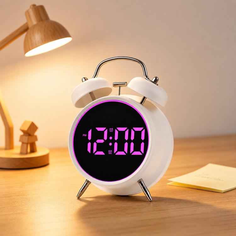White twin-bell digital alarm clock with purple glowing ring and purple LED time display