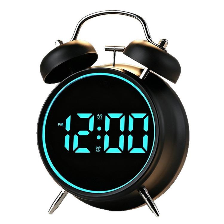 Close-up black twin-bell digital alarm clock with blue glowing ring and blue LED numbers
