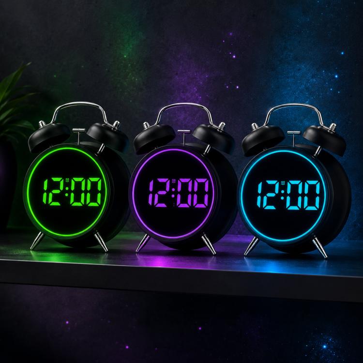 Three twin-bell digital alarm clocks with green, purple, and blue glowing rings