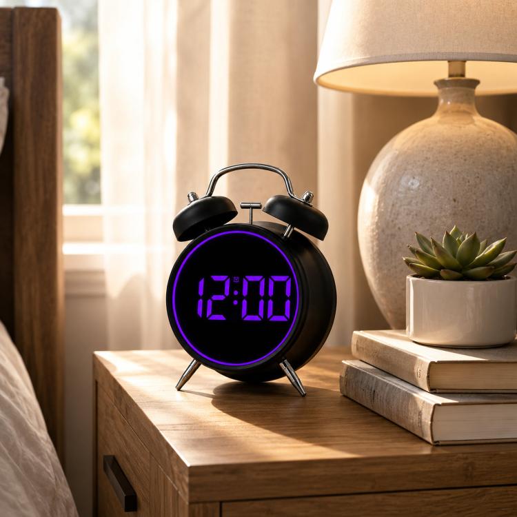 Black twin-bell digital alarm clock with purple glowing ring on a bedside table