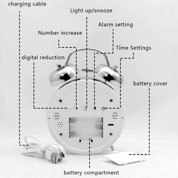 White alarm clock back diagram showing battery compartment and charging cable