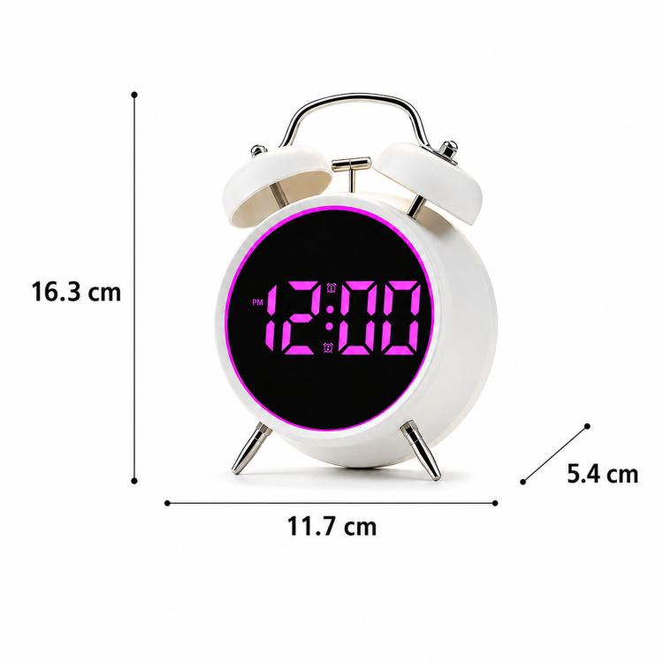 White twin bell digital alarm clock with purple glowing ring and LED time display