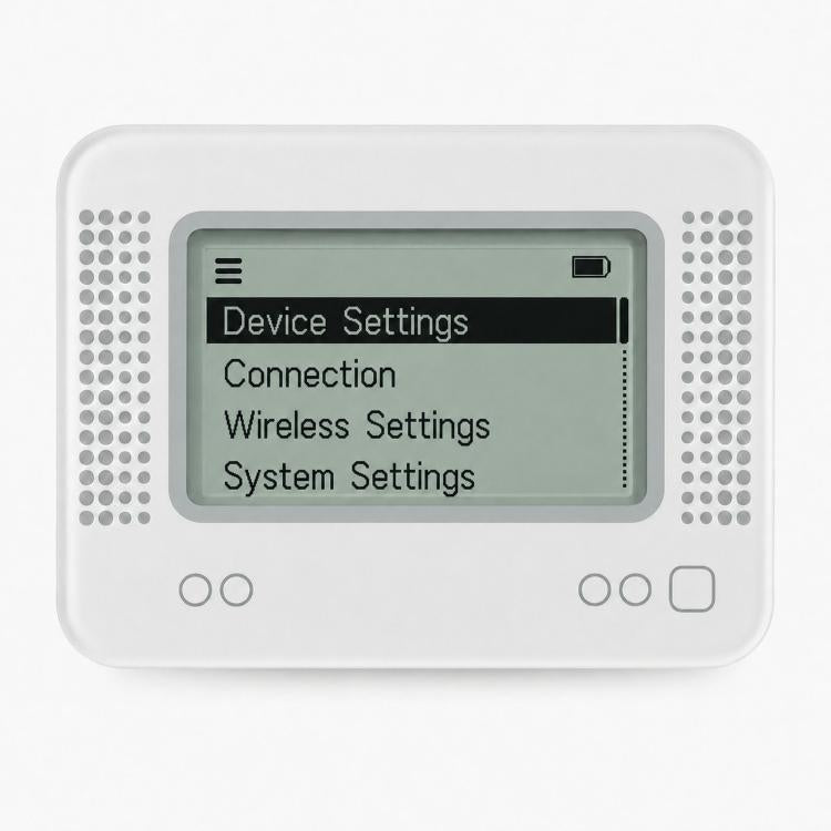 Smart emulator device with 1.2-inch LCD showing Device Settings menu
