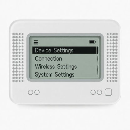 Smart emulator device with 1.2-inch LCD showing Device Settings menu