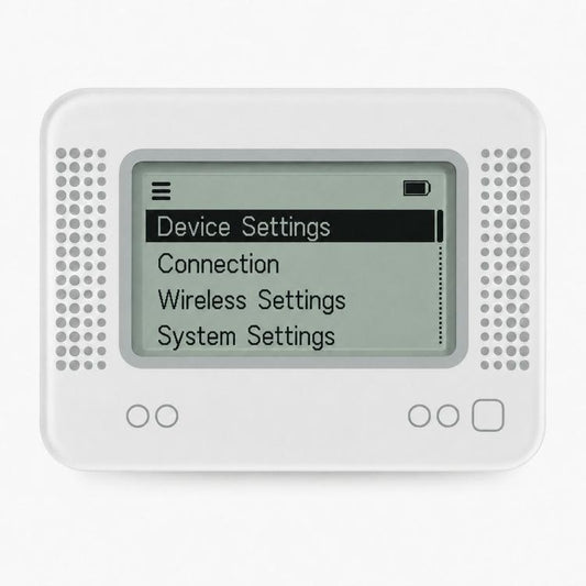 Smart emulator device with 1.2-inch LCD showing Device Settings menu