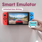 Smart emulator device held near gaming console screens with menu on LCD