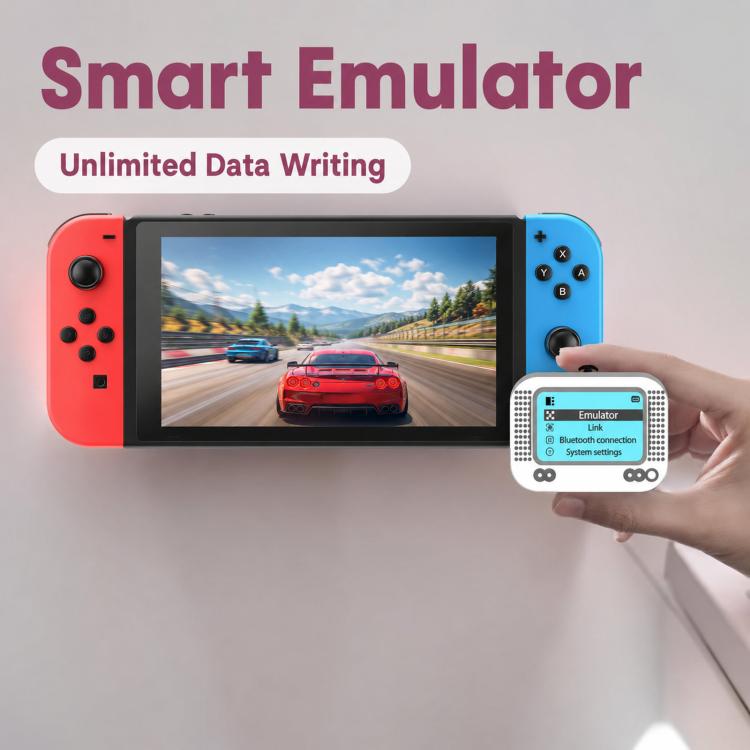 Smart emulator device held near gaming console screens with menu on LCD