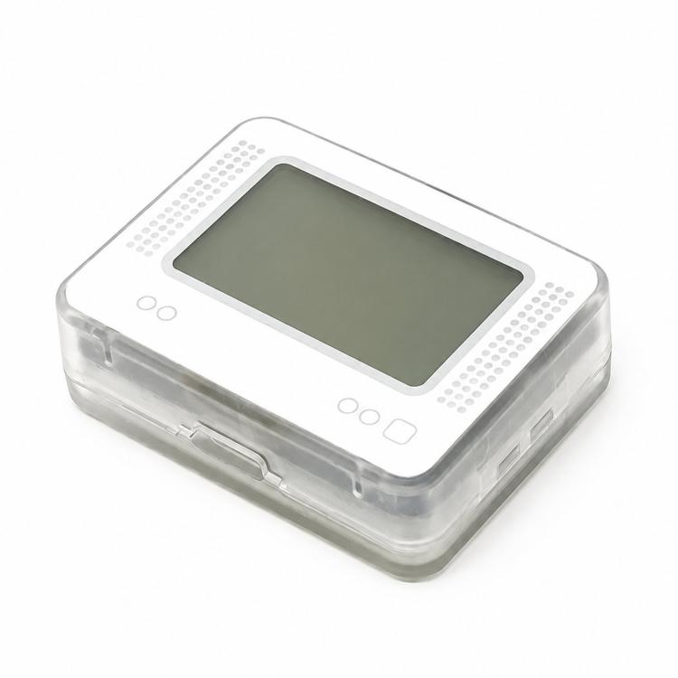 Smart emulator device in clear protective case with dark LCD and button controls