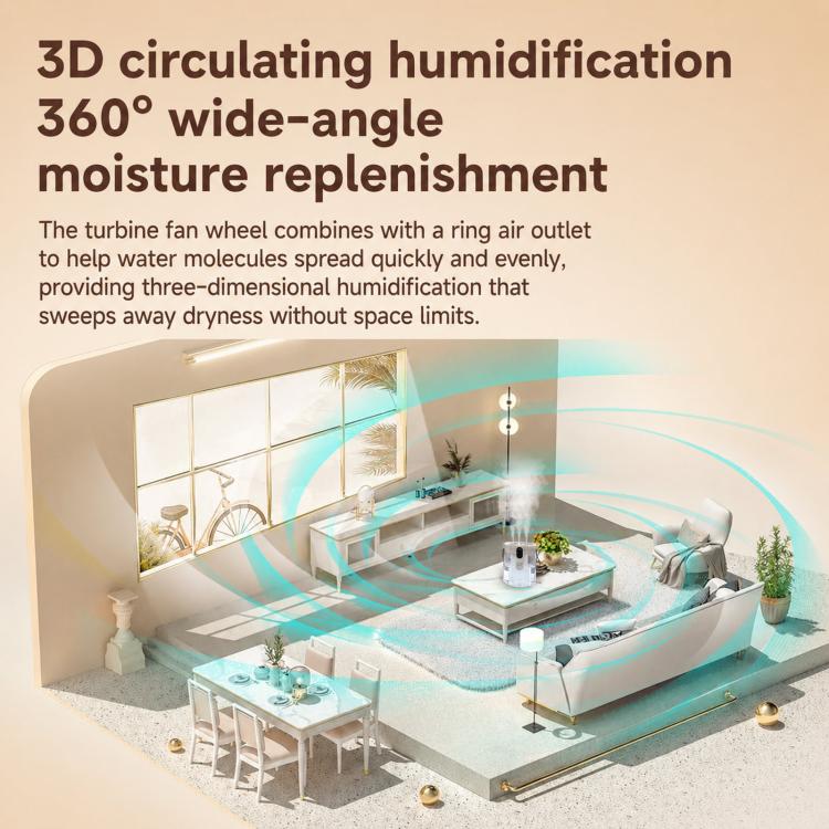 White humidifier with wide top vent showing mist spreading in a 360-degree style