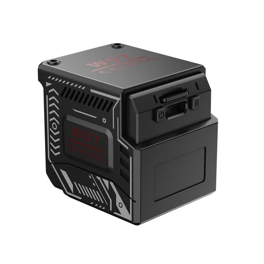 Black cube security camera with side panel ports and mounting bracket