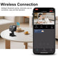 Wireless security camera on a small tabletop stand with smartphone app view