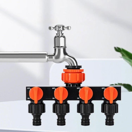 4-Way Water Tap Splitter With On-Off Switch 1 Inlet 4 Outlets Quick Connect Valve Connector